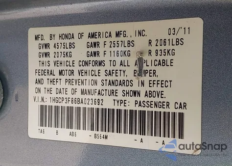 2011 Honda Accord Exl from USA, damaged, VIN 1HGCP3F86BA023692